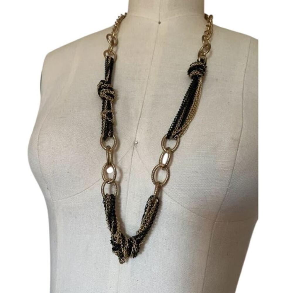 Black & Gold Tone Chain Link Statement Necklace 16” Knotted Multi Chain